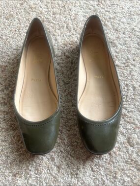 Christian Louboutin Olive Green Leather Square Toe Flats